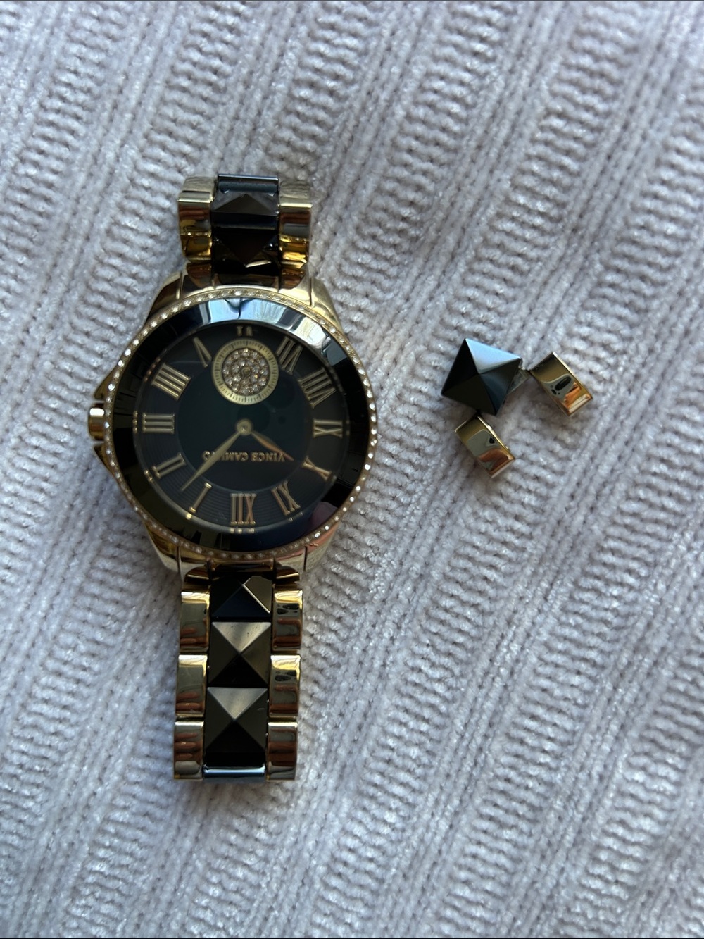 Vince Camuto  Black and Gold Pyramid-Accent Wristwatch